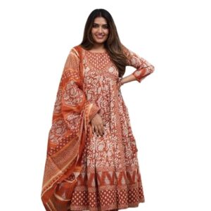 Women's Cotton Floral Printed Anarkali Kurti with Pant and Mulmul Dupatta Set
