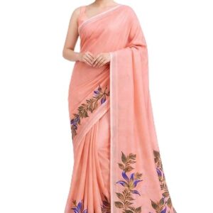 Hand-Painted Peach Cotton Saree with Blue Floral Border, Gold Woven Trim, with Unstitched Blouse Piece