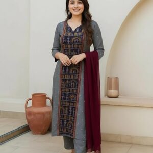 ANNI Designer Women's Rayon Viscose Printed Straight Kurta with Pant and Dupatta
