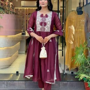 Women's Cotton Printed Anarkali Kurti with Pant and Mulmul Dupatta Set