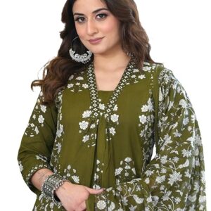 Arayna Women's Pure Cotton Block Printed Ethnic Wear Kurta Set with Palazzo Pants & Dupatta